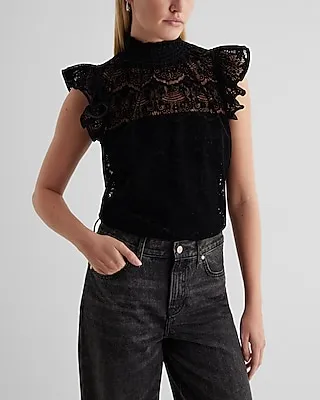 Velvet Lace Ruffle Mock Neck Flutter Sleeve Gramercy Tee