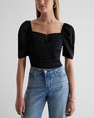 Satin V-Bar Puff Sleeve Ruched Pleated Top Women's
