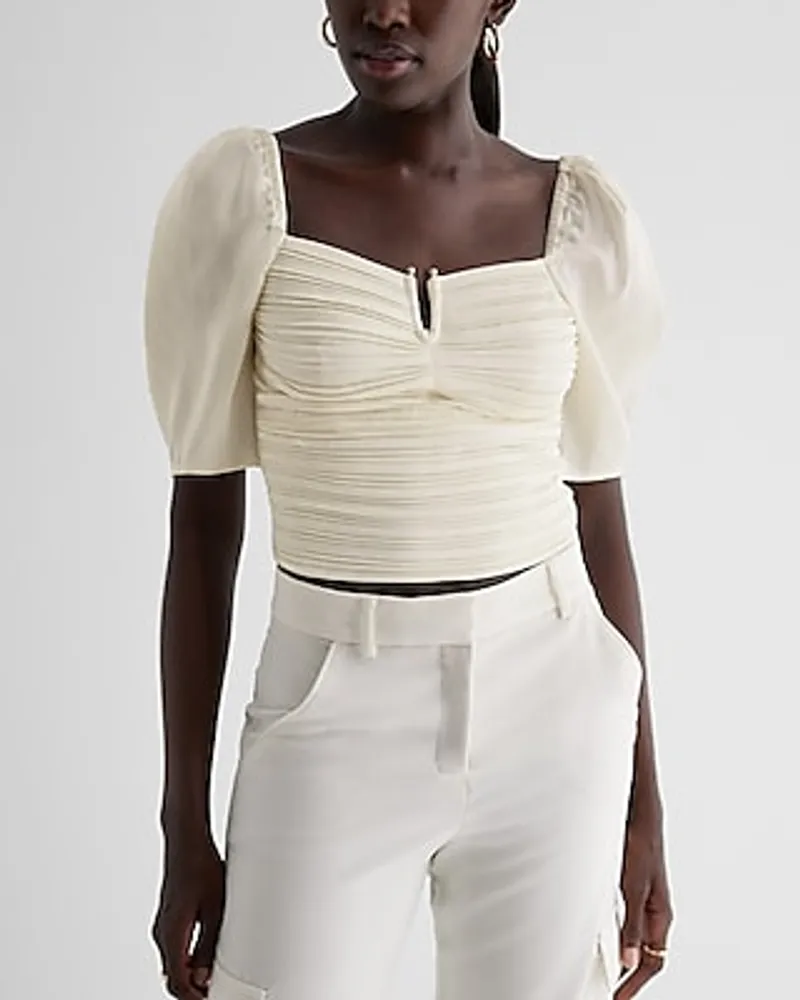 Satin V-Bar Puff Sleeve Ruched Pleated Top