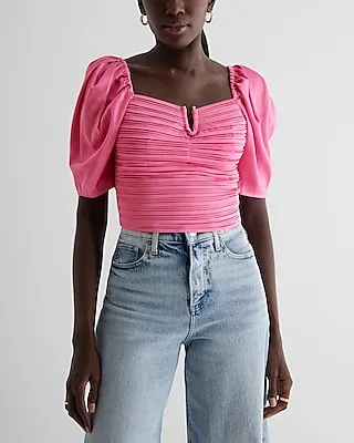 Satin V-Bar Puff Sleeve Ruched Pleated Top Pink Women's XS