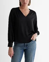 Satin V-Neck Smocked Shoulder Top Black Women's M