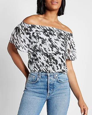 Metallic Printed Off The Shoulder Ruffle Overlay Top