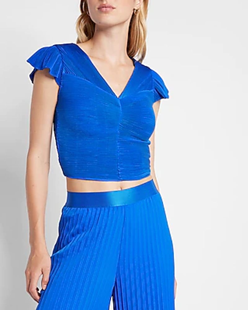 Pleated Flutter Sleeve Crop Top Blue Women's