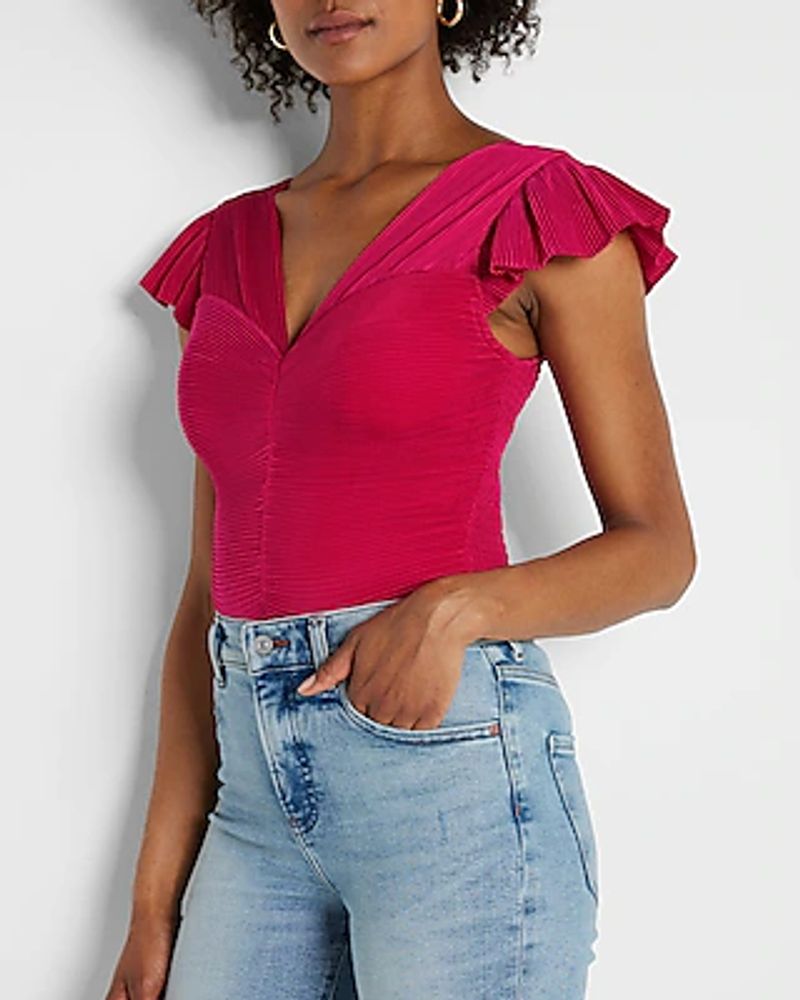 Pleated Flutter Sleeve Crop Top Pink Women's XS