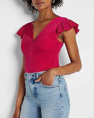 Pleated Flutter Sleeve Crop Top Pink Women