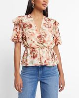 Floral Faux-Wrap Puff Sleeve Peplum Top Multi-Color Women's S