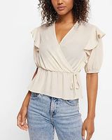 Faux Wrap Puff Sleeve Peplum Top Neutral Women's S