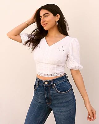 Embroidered Eyelet Puff Sleeve Crop Top
