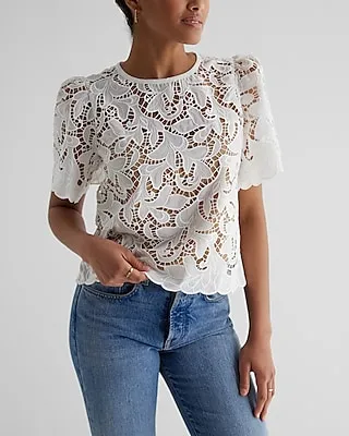Embroidered Crochet Puff Sleeve Top White Women's XS