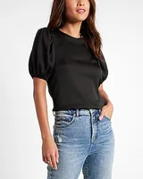 Satin Open Back Puff Sleeve Top Black Women's XXS