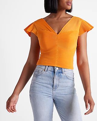 Pleated Flutter Sleeve Crop Top Orange Women's S