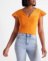 Pleated Flutter Sleeve Crop Top Orange Women's