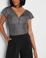 Metallic Pleated Flutter Sleeve Crop Top