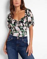 Floral Print Eyelet Puff Sleeve Tie Neck Thong Bodysuit