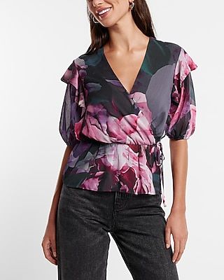 Floral Print Faux Wrap Puff Sleeve Peplum Top Purple Women's XS