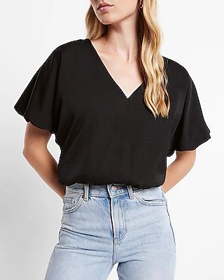 Satin V-Neck Short Sleeve Bubble Top