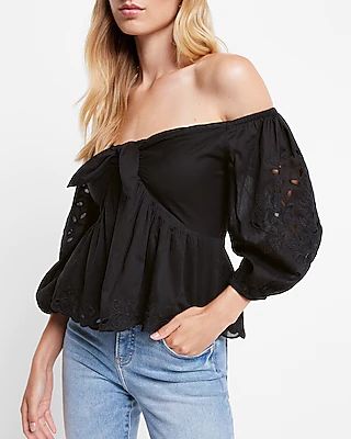 Embroidered Eyelet Off The Shoulder Tie Front Top Black Women's XXS