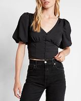 V-Neck Button Front Puff Sleeve Crop Top Black Women's XS