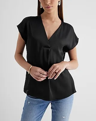 Satin V-Neck Short Sleeve Top Black Women's XS