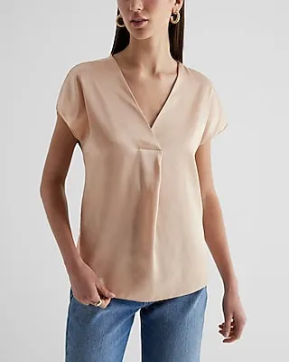 Satin V-Neck Short Sleeve Top Neutral Women's XS