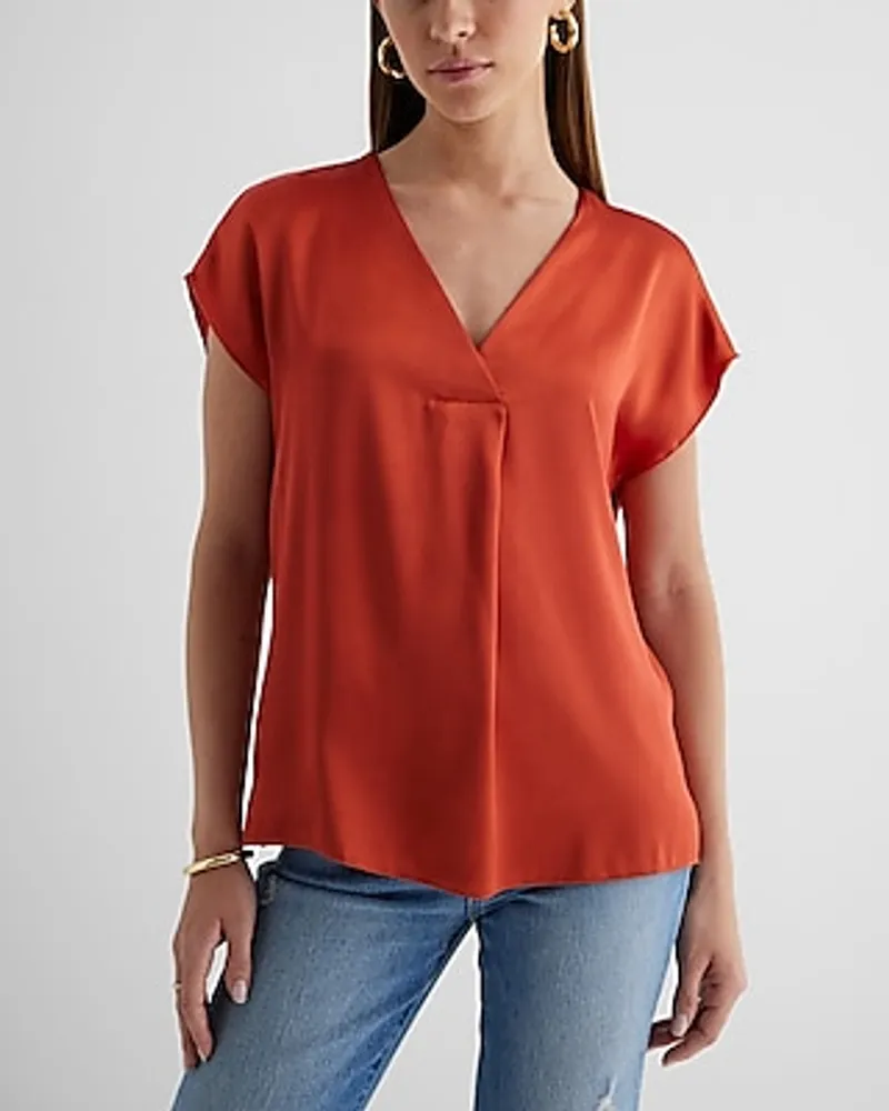 Satin V-Neck Short Sleeve Top Red Women's M