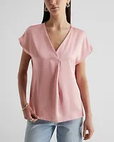 Satin V-Neck Short Sleeve Top Pink Women's XS