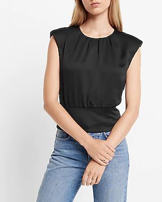 Gathered Neck Banded Bottom Top Black Women's L