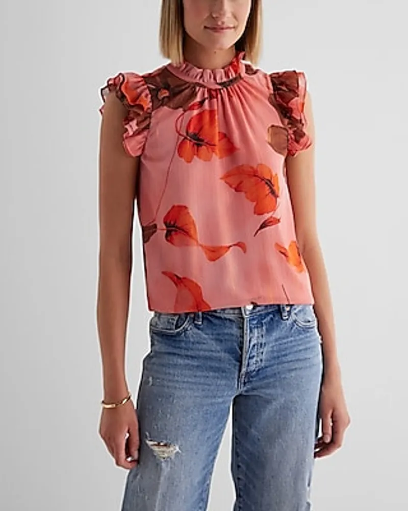 Metallic Floral Ruffle Mock Neck Flutter Sleeve Gramercy Tee