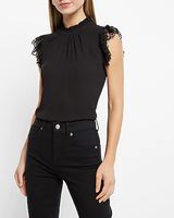 Ruffle Mock Neck Lace Sleeve Gramercy Tee Black Women's XS