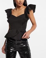 Sweetheart Neckline Flutter Sleeve Peplum Ruffle Top Black Women's XS