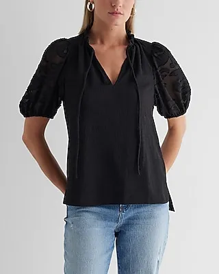 V-Neck Sheer Puff Sleeve Drawstring Top Black Women's XS