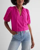 V-Neck Sheer Puff Sleeve Drawstring Top Pink Women's XS