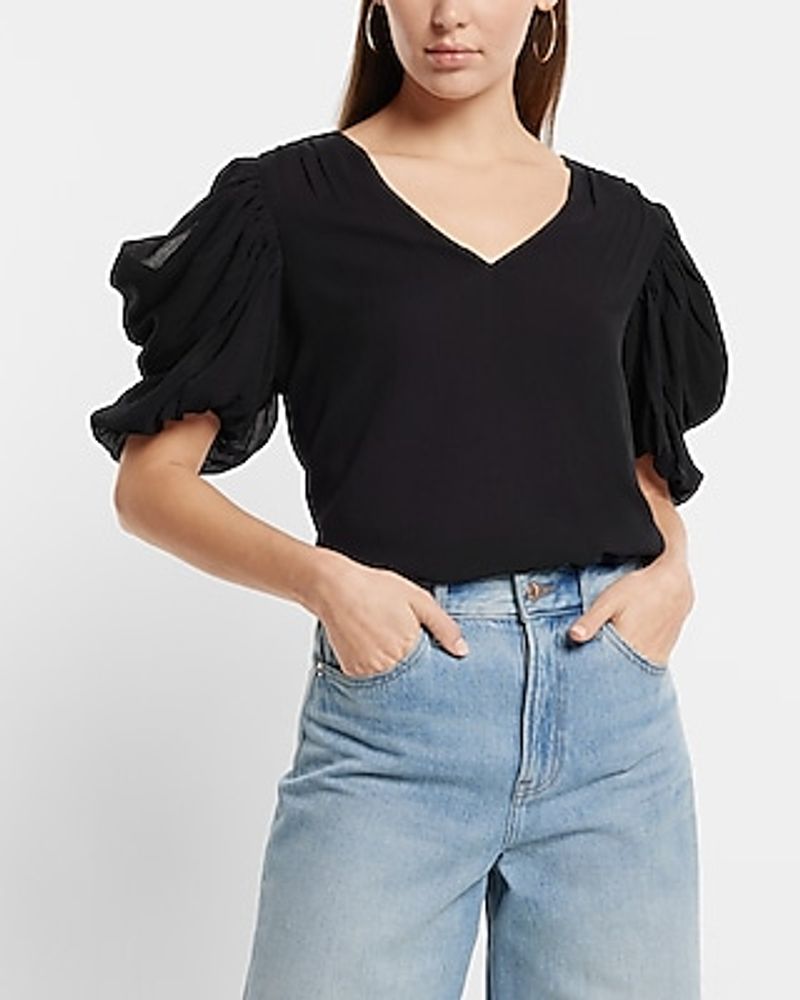 V-Neck Puff Draped Short Sleeve Top Black Women's XS