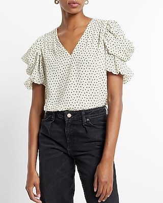 Polka Dot V-Neck Puff Draped Sleeve Top