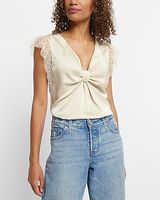 Satin V-Neck Flutter Lace Sleeve Knot Gramercy Top Neutral Women's XS