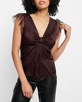 Satin V-Neck Flutter Lace Sleeve Knot Gramercy Top Purple Women's S