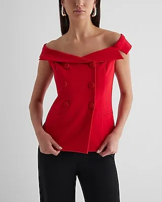Off The Shoulder Faux Double Breasted Top Red Women's S