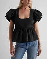 Square Neck Flutter Sleeve Peplum Babydoll Top Black Women's