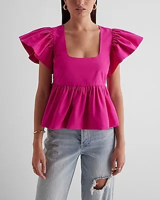 Square Neck Flutter Sleeve Peplum Babydoll Top Pink Women's S