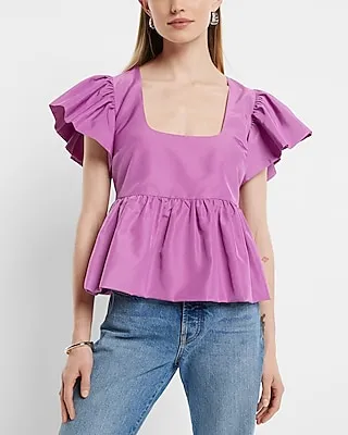 Square Neck Flutter Sleeve Peplum Babydoll Top Purple Women's XS