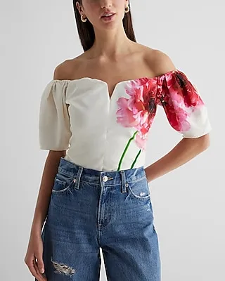 Floral V-Wire Off The Shoulder Puff Sleeve Top