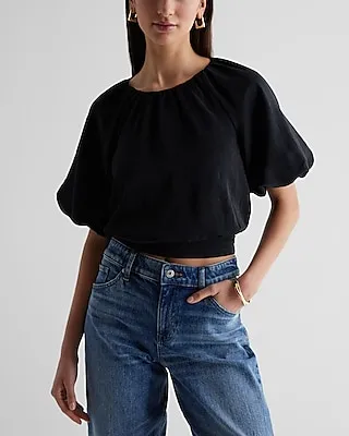 Gathered Neck Puff Sleeve Banded Bottom Top Black Women's