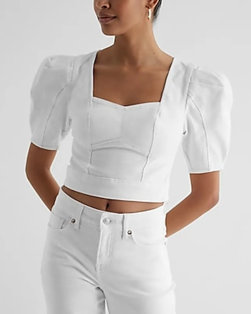 Express Denim Puff Sleeve Corset Crop Top White Women's 6