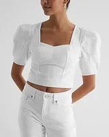 Denim Puff Sleeve Corset Crop Top White Women's