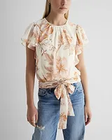 Floral Gathered Neck Flutter Sleeve Tie Banded Bottom Top