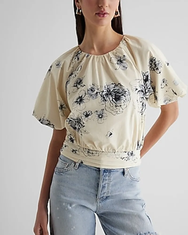 Floral Gathered Neck Puff Sleeve Banded Bottom Top