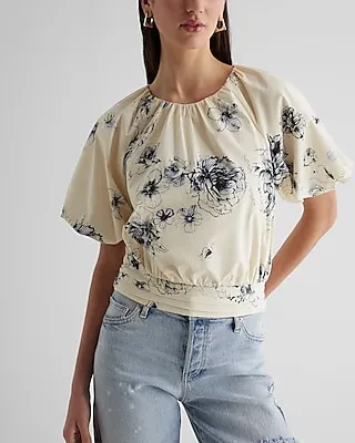 Floral Gathered Neck Puff Sleeve Banded Bottom Top Multi-Color Women