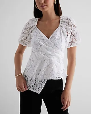 Lace Puff Sleeve Asymmetrical Peplum Top White Women's XS