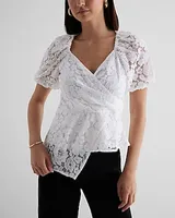 Lace Puff Sleeve Asymmetrical Peplum Top White Women's XL