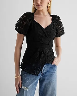 Lace Puff Sleeve Asymmetrical Peplum Top Black Women's